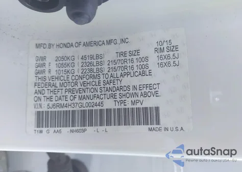 2016 Honda Cr-V Lx из США, поврежденный, VIN 5J6RM4H37GL002445